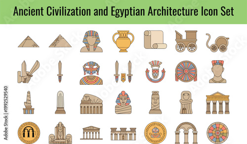 A collection of flat design icons representing ancient civilization and Egyptian architecture on transparent background