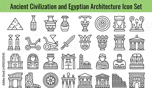 A collection of ancient civilization and Egyptian architecture icon set elements including pyramids, pottery, and sarcophagi on transparent background