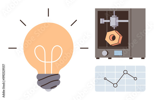 Product innovation, 3D printing, research, technology, design, data analysis. Light bulb, 3D printer crafting a hex nut graph showing data trends. Product innovation and 3D printing concept