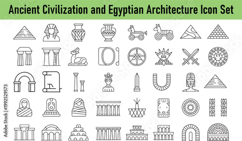 This is a detailed line art icon set representing ancient civilization and Egyptian architecture elements on transparent background