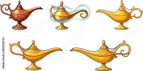 Set of magical genie lamps isolated on white background, golden and antique Aladdin style oil lamps fantasy vector illustration