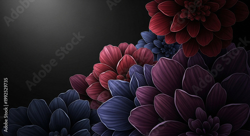 Colorful floral design with deep reds and blues on dark background  