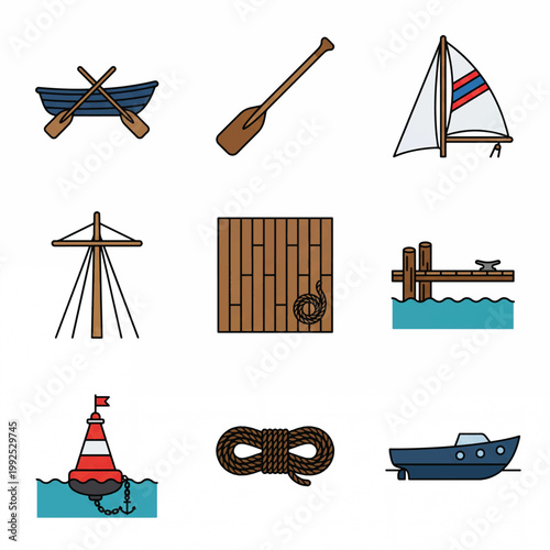 Nautical Icons Collection Featuring Boats and Water Accessories.