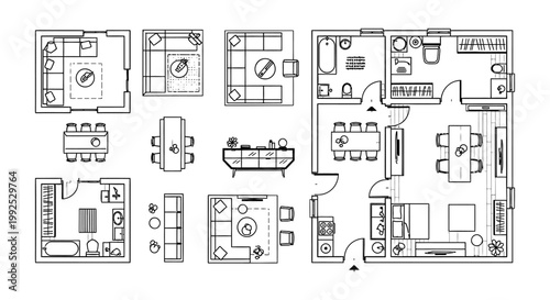 architectural floor plan template with top view furniture layout interior design symbols and home living space concepts.