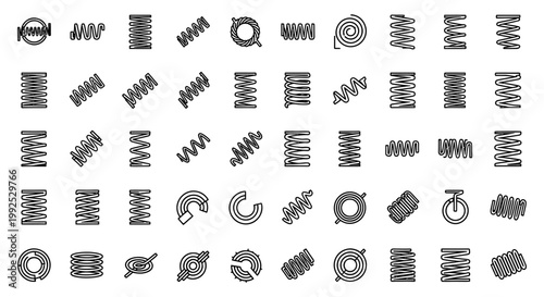 simple spring coil icons illustrating various types of metal springs helix elements and flexible components for engineering design.