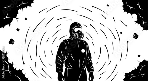 a hazmat suit-clad figure in a gas mask standing among swirling particles and debris depicting a serious contamination threat.
