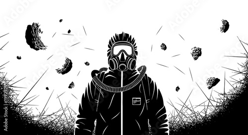 hazmat suit environmental disaster toxic waste protective gear and pollution surround a person wearing a gas mask.