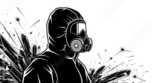 a hazmat suit figure wearing a gas mask observing sharp crystal formations depicting hazardous scientific protection