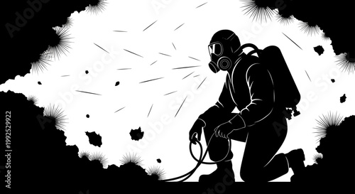 hazmat suit worker in a gas mask operating during an asbestos cleanup emphasizing industrial safety and protective gear.