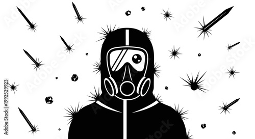 person in a black protective suit and gas mask surrounded by hazardous flying particles depicting environmental contamination and global pandemic safety.