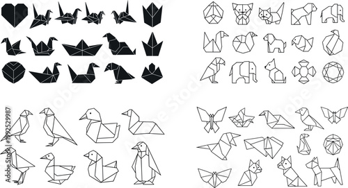 Set of origami animals and birds in folded paper style including geometric line and silhouette designs vector illustration collection