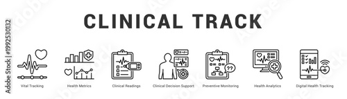 Clinical Track Modern and clean web banner illustration featuring thematic icons for visual communication