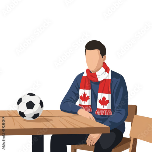 A modern soccer fan wearing a scarf with a maple leaf pattern, sitting in a minimalist Toronto-style cafe with a soccer ball on the wooden table, clean morning light, minimalist flat vector