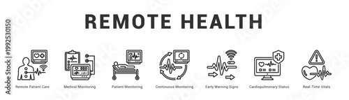 Remote Health Modern and clean web banner illustration featuring thematic icons for visual communication