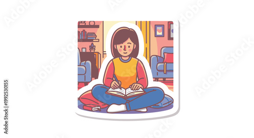 A young girl sits cross-legged on the floor reading a book in a cozy room with colorful furniture and decor.