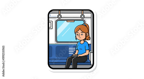 Illustration of a woman sitting on a train seat with a window in the background, viewed from outside the train car with a cartoonish style and blue tones.