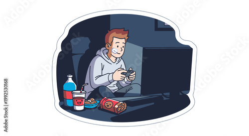 Illustration of a young man playing video games at night with snacks and drinks nearby in a dark room with a white border.