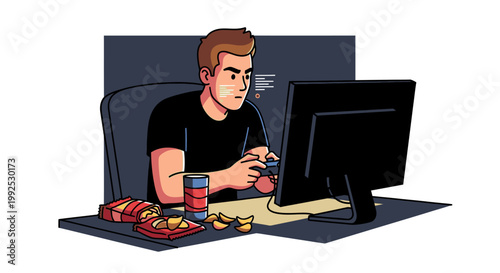 Illustration of a man sitting at a desk with two computer monitors eating food from a plate with a can of soda.