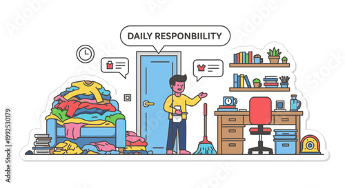 A cartoon man stands in a cluttered room with cleaning supplies and household chores, gesturing towards a speech bubble with daily responsibility text.