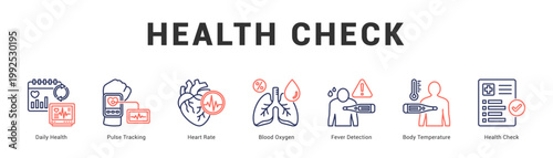 Health Check Modern and clean web banner illustration featuring thematic icons for visual communication