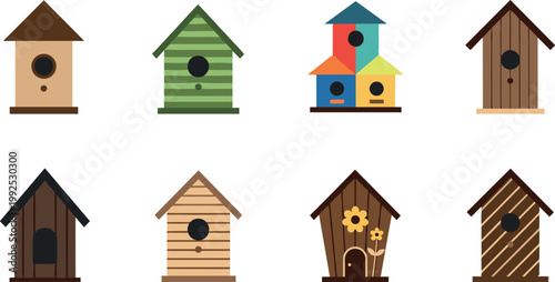 Set of simple flat style birdhouses in various shapes and colors for garden decoration and bird nesting vector illustration collection