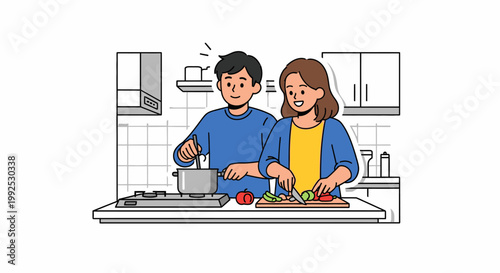 Illustration of a man and woman cooking together in a kitchen with a pot and vegetables on the counter.