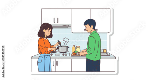 Illustration of a man and woman cooking together in a modern kitchen with white cabinets and appliances.