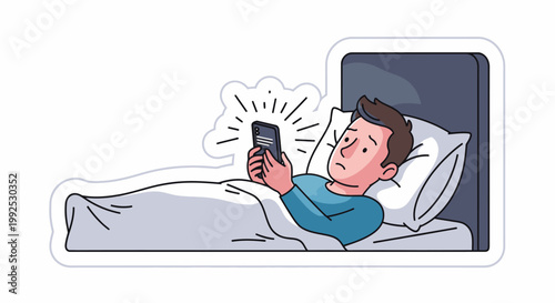 A man lies in bed with a worried expression while looking at his smartphone with a thought bubble conveying concern.