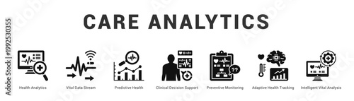 Care Analytics Modern and clean web banner illustration featuring thematic icons for visual communication