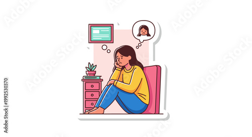 Illustration of a young woman sitting on a bed with a thoughtful expression and a speech bubble above her head against a soft pink background with a dresser and TV.
