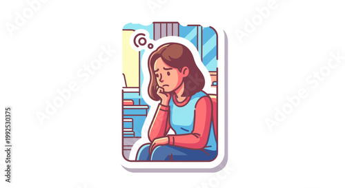 Illustration of a thoughtful young woman sitting with her hand on her chin in a colorful indoor setting with a contemplative mood.