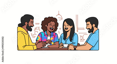 Diverse group of four people sitting at a table with a casual and friendly atmosphere in a modern setting.