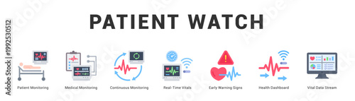 Patient Watch Modern and clean web banner illustration featuring thematic icons for visual communication