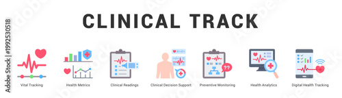 Clinical Track Modern and clean web banner illustration featuring thematic icons for visual communication