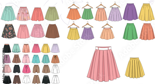 Set of stylish skirts in various colors and patterns isolated on white background, fashionable women clothing collection vector illustration