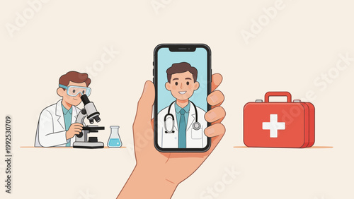 doctor on phone with scientist and first aid kit