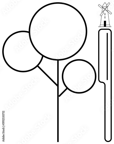 Sustainability, renewable energy, eco design, minimalism, environmental awareness, nature concepts. Black and white outline of trees, a windmill and a vertical shape. Sustainability and renewable