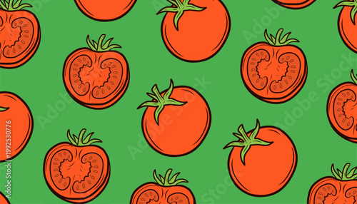 Tomato Seamless Pattern. Handdrawn Fruit Illustration. Botanical Red Background for Packaging Textile Design
