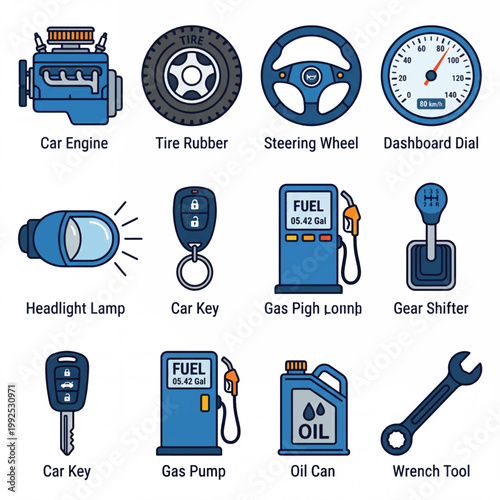 Collection of Automotive Parts and Accessories Icons.