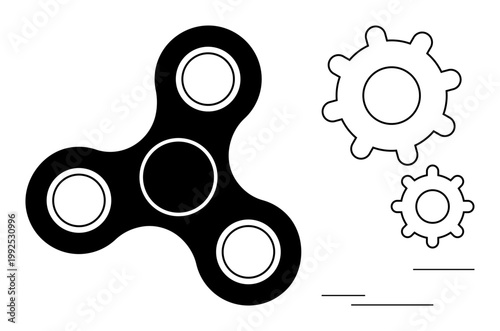 Stress relief, playtime tools, mechanical systems, engineering concepts, creative design, mindfulness aids. Black fidget spinner beside mechanical gear shapes. Stress relief and playtime tools theme