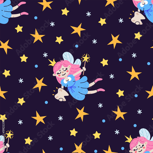 Tooth fairy seamless vector pattern. A cute character flies among the stars in the night sky. A girl with a crown, magic wand. The princess holds a lost tooth. Hand drawn cartoon background for kids