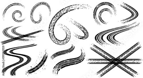 Tire tread marks after skidding, launch, drift, powerslide in motorsport, rally, off-road, motocross. Wheel texture with splash effect. Vector, transparent background PNG version.