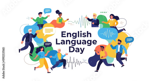 A vibrant vector illustration commemorates English Language Day with diverse people interacting amidst speech bubbles, set against abstract sound waves, symbolizing global communication