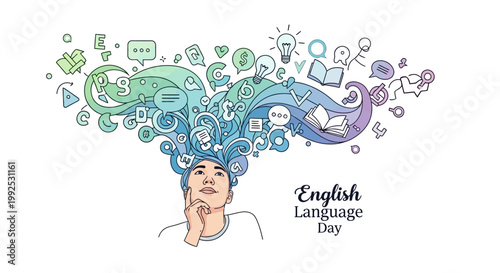A stylized vector illustration promoting English language education with a person looking up as swirls of learning symbols float above their head, set against a clean white backdrop