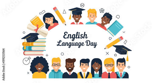 Smiling diverse students are featured in an English Language Day vector illustration with books, pencils, and graduation caps arranged around the central text on a clean white backdrop