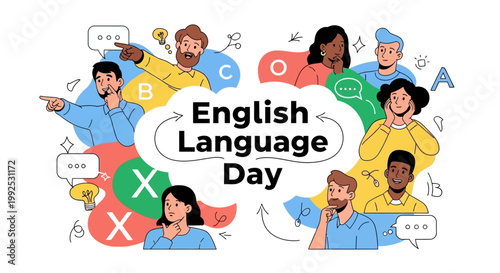 English Language Day is celebrated in a vector illustration featuring diverse cartoon characters, speech bubbles, and alphabet letters against a clean white background, conveying a global
