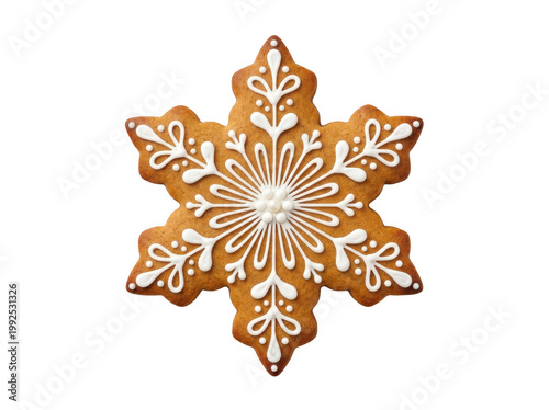 Gingerbread snowflake cookie with white icing, festive Christmas gingerbread biscuit with intricate royal icing patterns, traditional winter holiday gingerbread treat for seasonal celebration.
