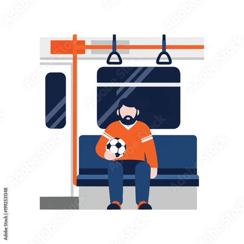 A commuter fan on a subway train holding a soccer ball, simple geometric interior of a train car, navy and orange color palette, minimalist urban vibe. minimalist flat vector artwork, clipart