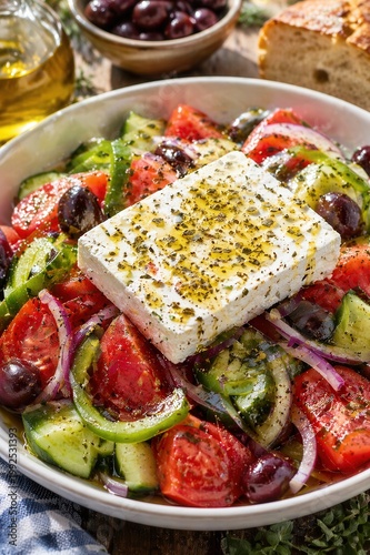 Choriatiki Bauernsalat mit Tomaten, Feta und Oliven
Choriatiki Bauernsalat mit groben Tomatenstücken, Gurke, Paprika, roten Zwiebeln, Oliven und Feta in rustikaler Schüssel.
