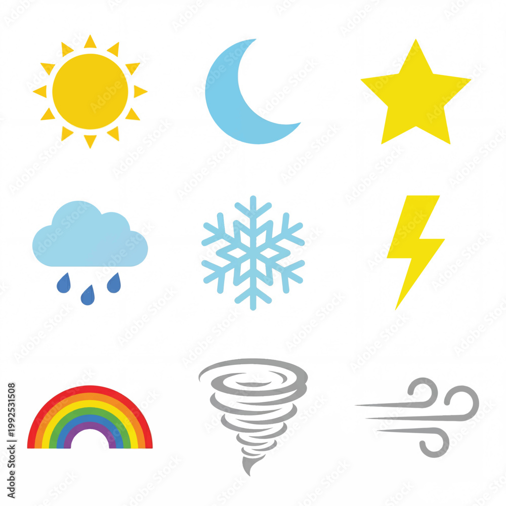 Naklejka premium Collection of Weather Icons Representing Different Atmospheric Conditions.
